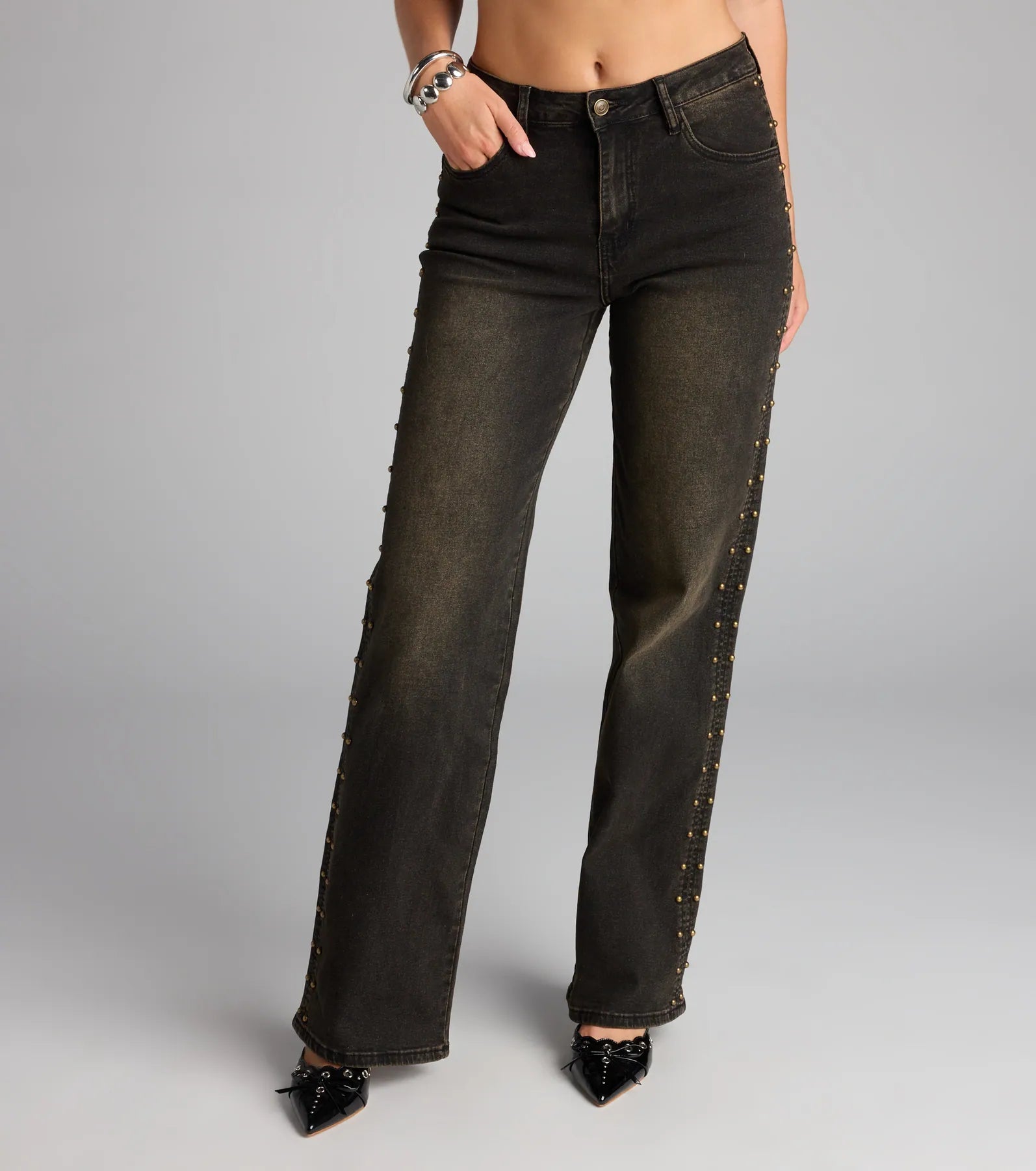 Studded and Snatched Straight Leg Denim Jeans - Image 4