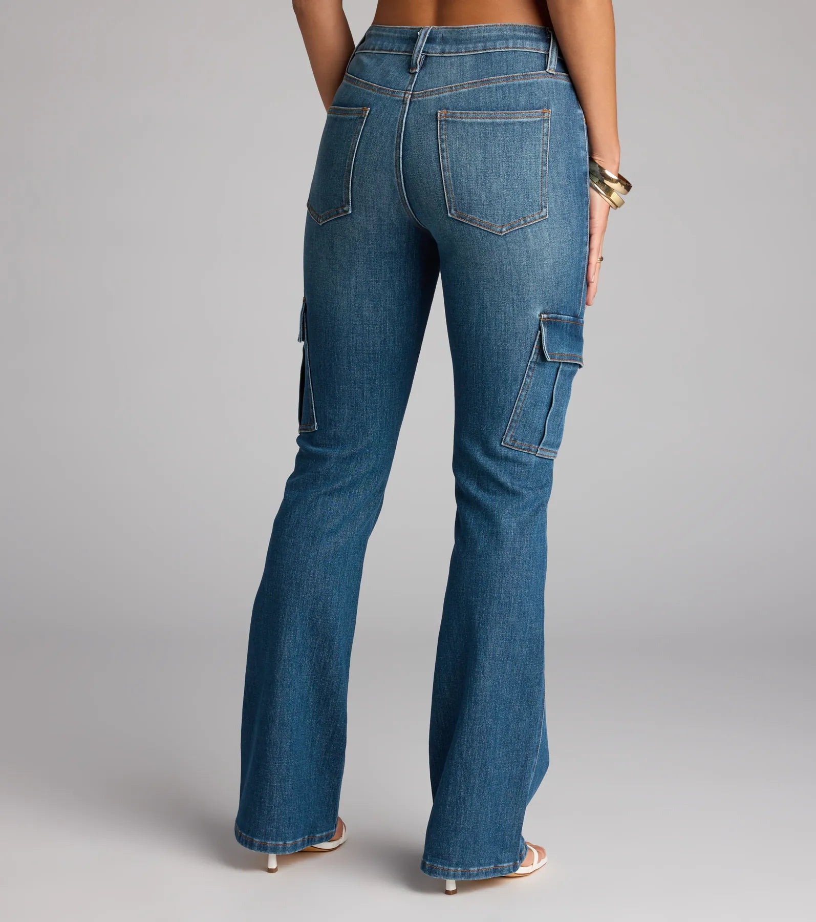 Cool Girl Cargo Mid Rise Flare Denim Jeans - Image 2