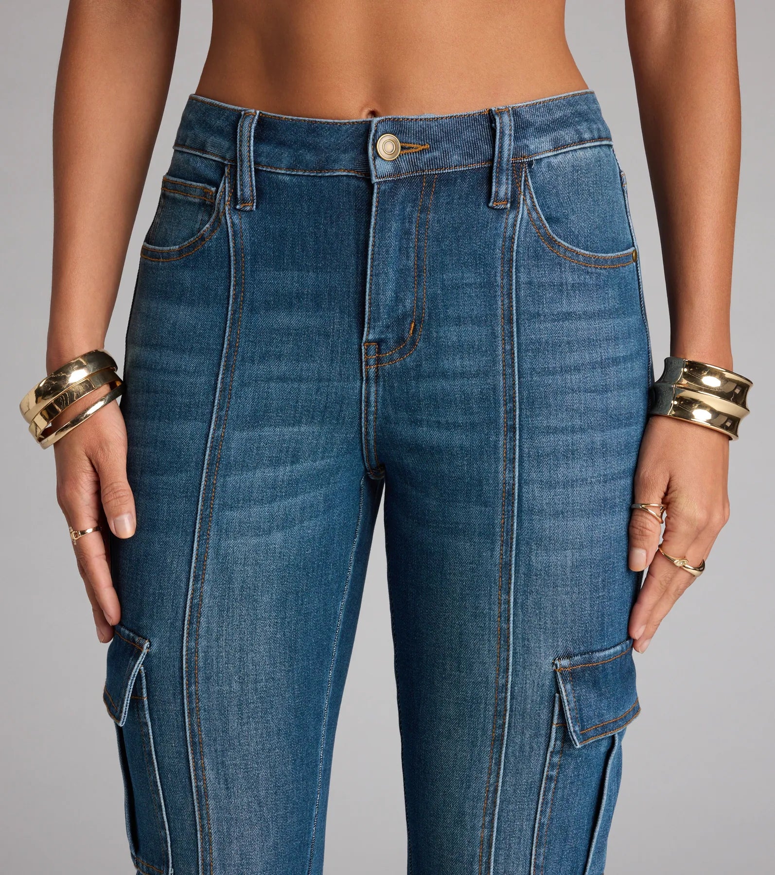 Cool Girl Cargo Mid Rise Flare Denim Jeans - Image 3