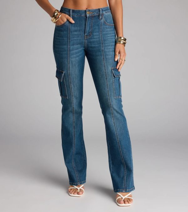 Cool Girl Cargo Mid Rise Flare Denim Jeans - Image 4