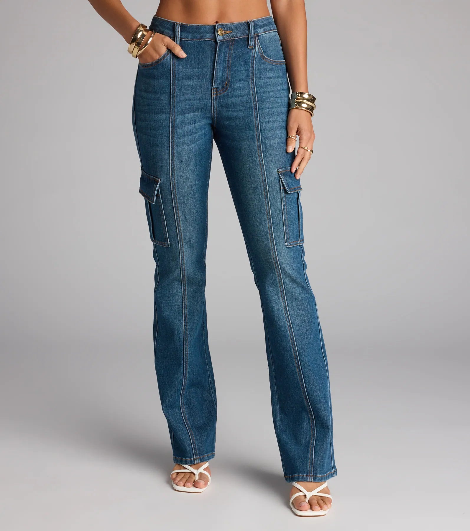 Cool Girl Cargo Mid Rise Flare Denim Jeans - Image 4