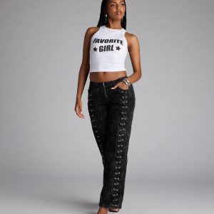 Dial Up Drama Mid-Rise Lace Up Denim Jeans