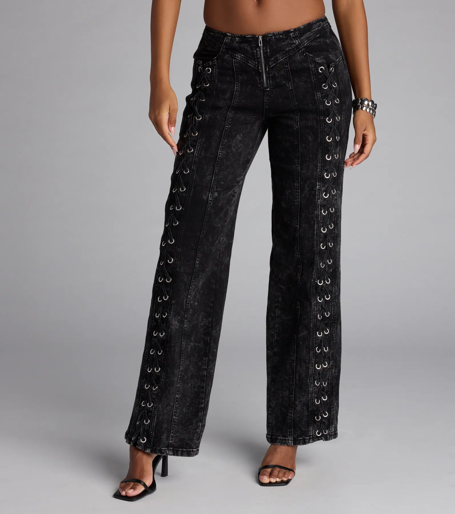 Dial Up Drama Mid-Rise Lace Up Denim Jeans - Image 4