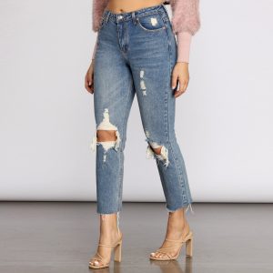 High Waist Distressed Denim Pants