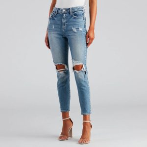 High-Rise Distressed Mom Skinny Jeans
