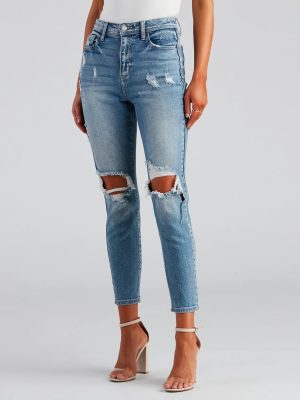 High-Rise Distressed Mom Skinny Jeans