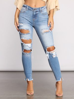 Mid Rise Frayed Cropped Skinny Jeans