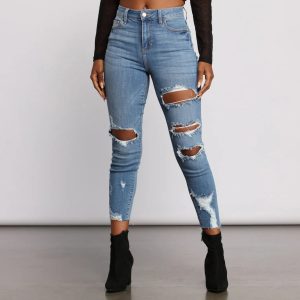 High Rise Edgy Distressed Skinny Jeans