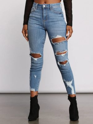 High Rise Edgy Distressed Skinny Jeans