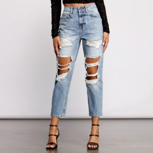 High Rise Distressed Straight Boyfriend Jeans