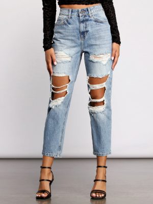 High Rise Distressed Straight Boyfriend Jeans
