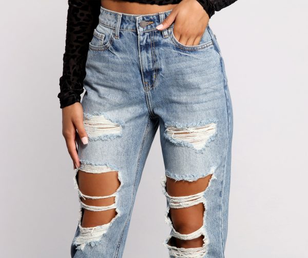 High Rise Distressed Straight Boyfriend Jeans - Image 3