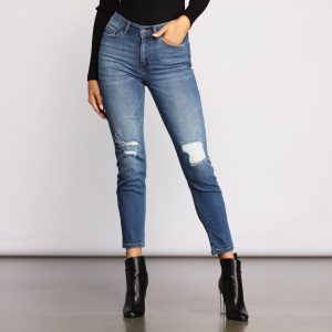High Rise Knee Slit Skinny Jeans