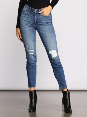 High Rise Knee Slit Skinny Jeans
