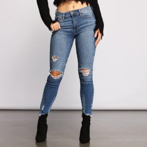 Mid-Rise Destructed Skinny Jeans