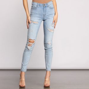 Mid Rise Destructed Skinny Jeans