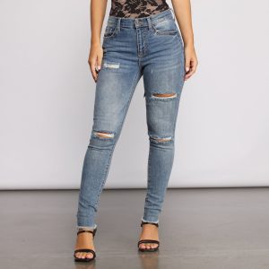 Taking Chances Destructed Raw Edge Skinny Jeans