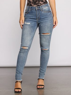 Taking Chances Destructed Raw Edge Skinny Jeans