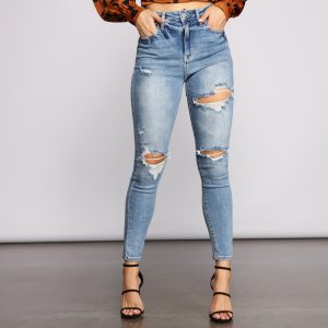 High Rise Destructed Skinny Jeans