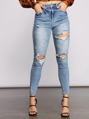 High Rise Destructed Skinny Jeans