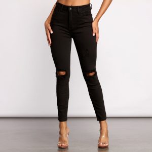 High Rise Knee Slit Skinny Jeans