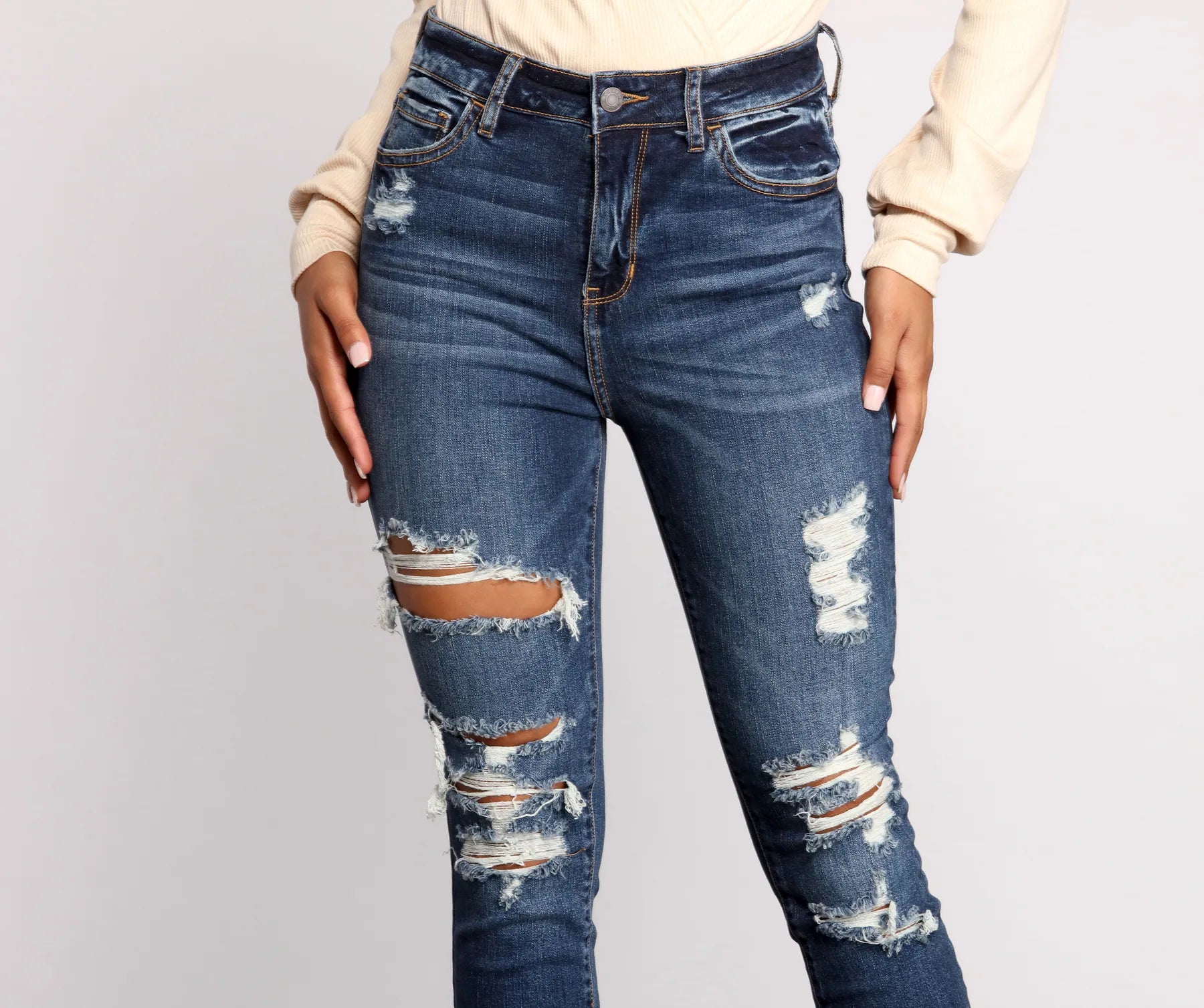 High Rise Destructed Skinny Jeans - Image 2