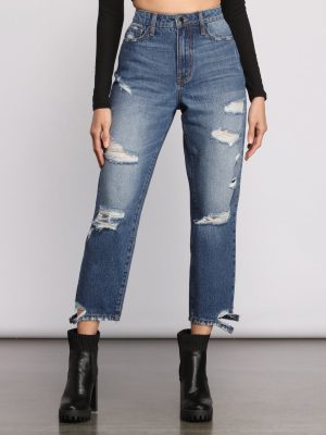 High Rise Destructed Mom Jeans