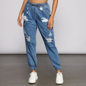High Rise Denim Cargo Joggers