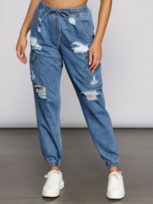 High Rise Denim Cargo Joggers