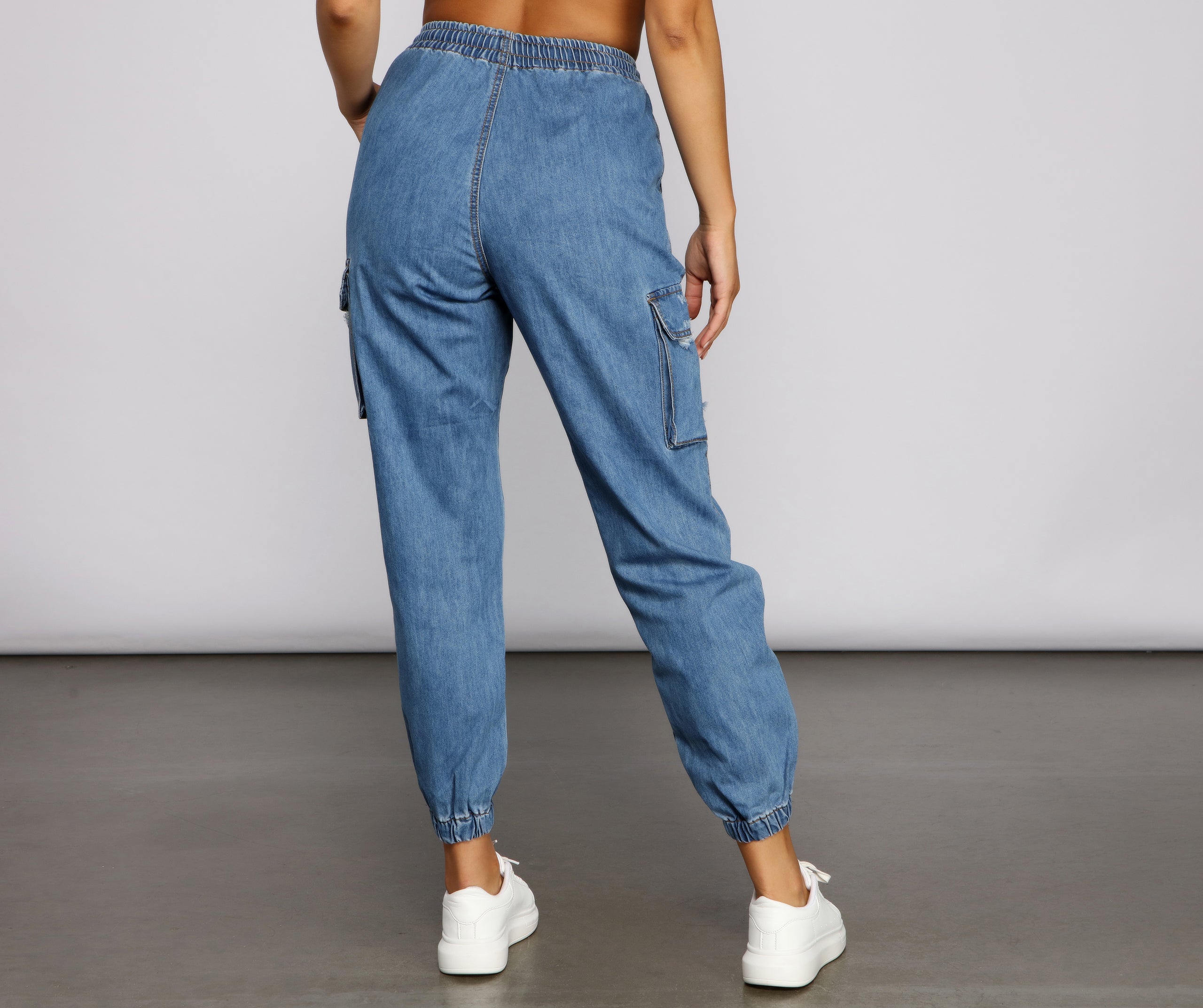 High Rise Denim Cargo Joggers - Image 2