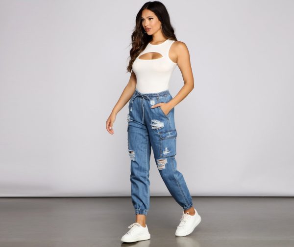 High Rise Denim Cargo Joggers - Image 4