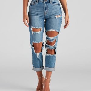 Totally Destructed Cuffed Mom Jeans