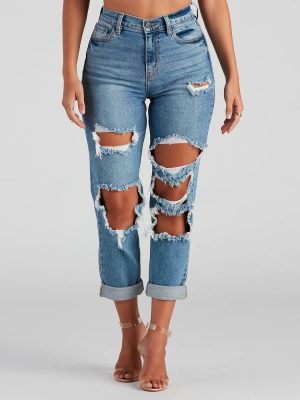 Totally Destructed Cuffed Mom Jeans