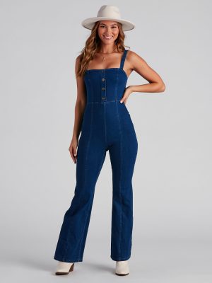 Denim Glam Flared Sleeveless Jumpsuit