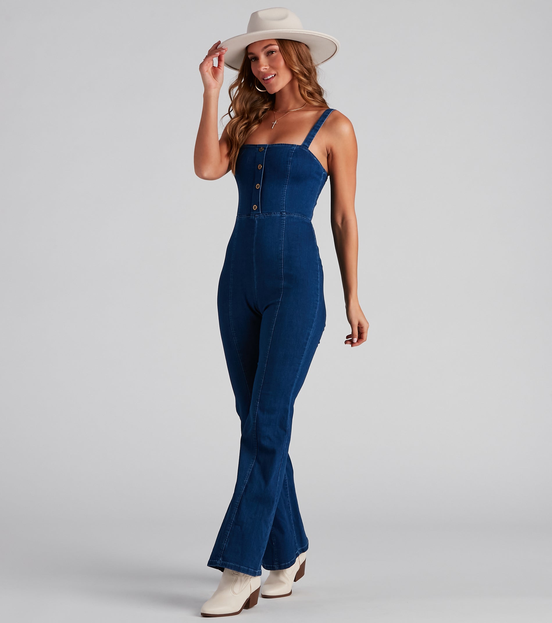 Denim Glam Flared Sleeveless Jumpsuit - Image 3