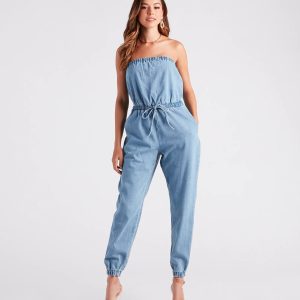 Fit Check Strapless Denim Jogger Jumpsuit
