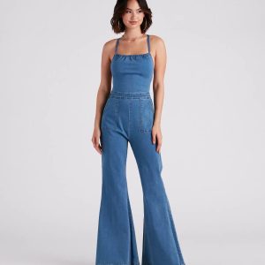 So Major Halter Lace-Up Denim Jumpsuit