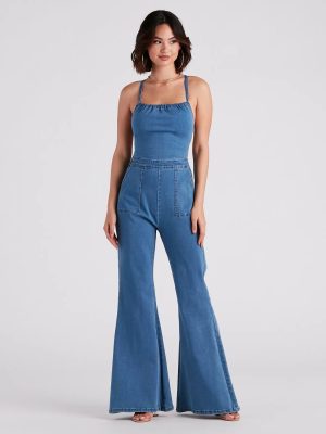 So Major Halter Lace-Up Denim Jumpsuit