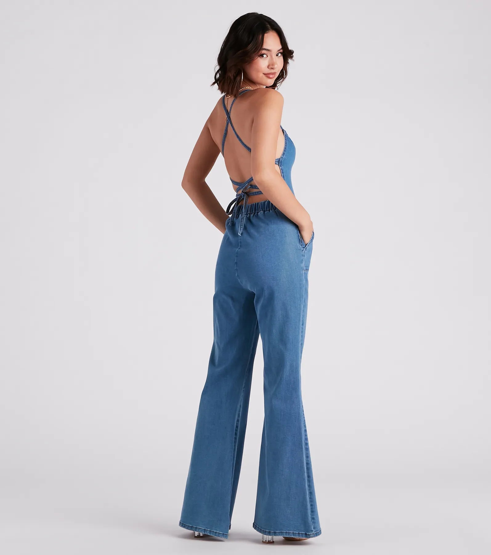 So Major Halter Lace-Up Denim Jumpsuit - Image 2
