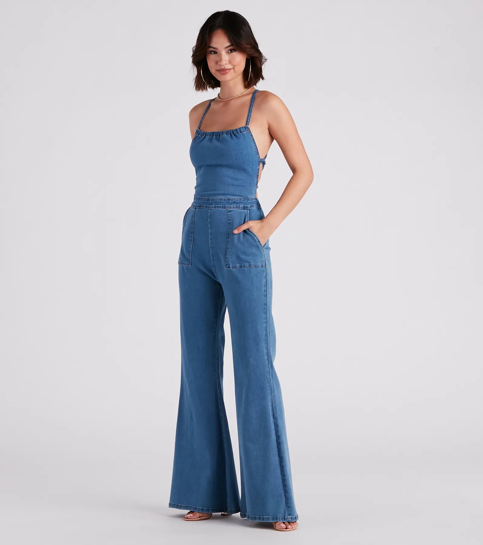 So Major Halter Lace-Up Denim Jumpsuit - Image 3
