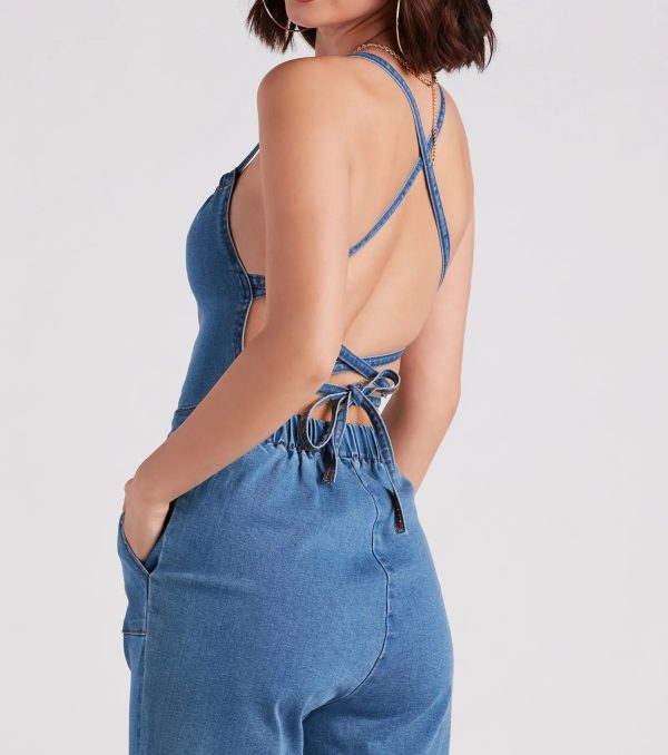 So Major Halter Lace-Up Denim Jumpsuit - Image 4