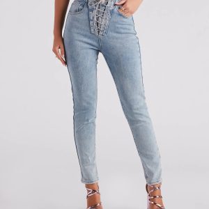 Glam Trendsetter Rhinestone Lace-up Skinny Jeans