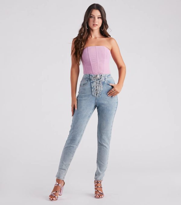 Glam Trendsetter Rhinestone Lace-up Skinny Jeans - Image 2