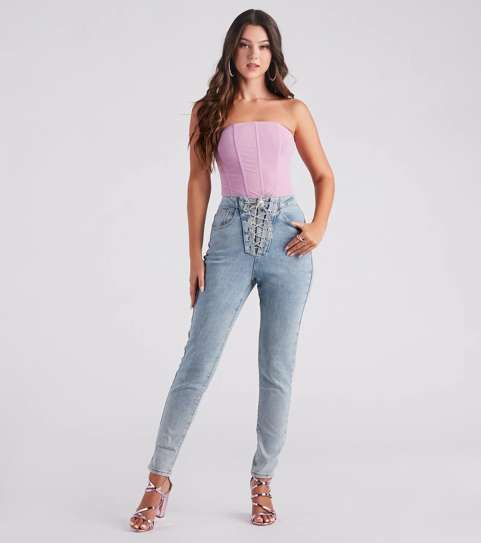 Glam Trendsetter Rhinestone Lace-up Skinny Jeans - Image 2