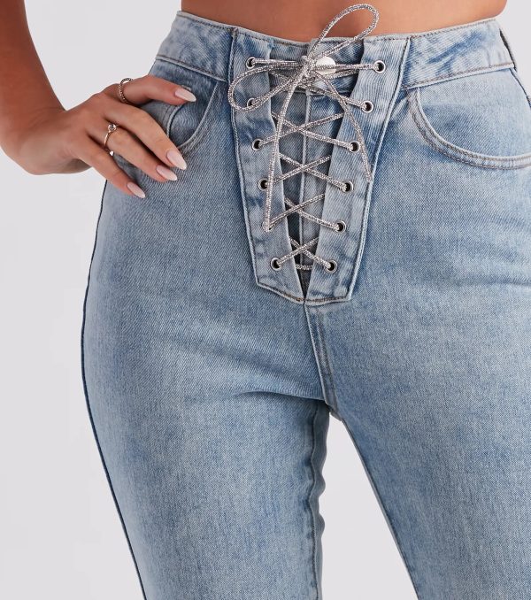 Glam Trendsetter Rhinestone Lace-up Skinny Jeans - Image 4