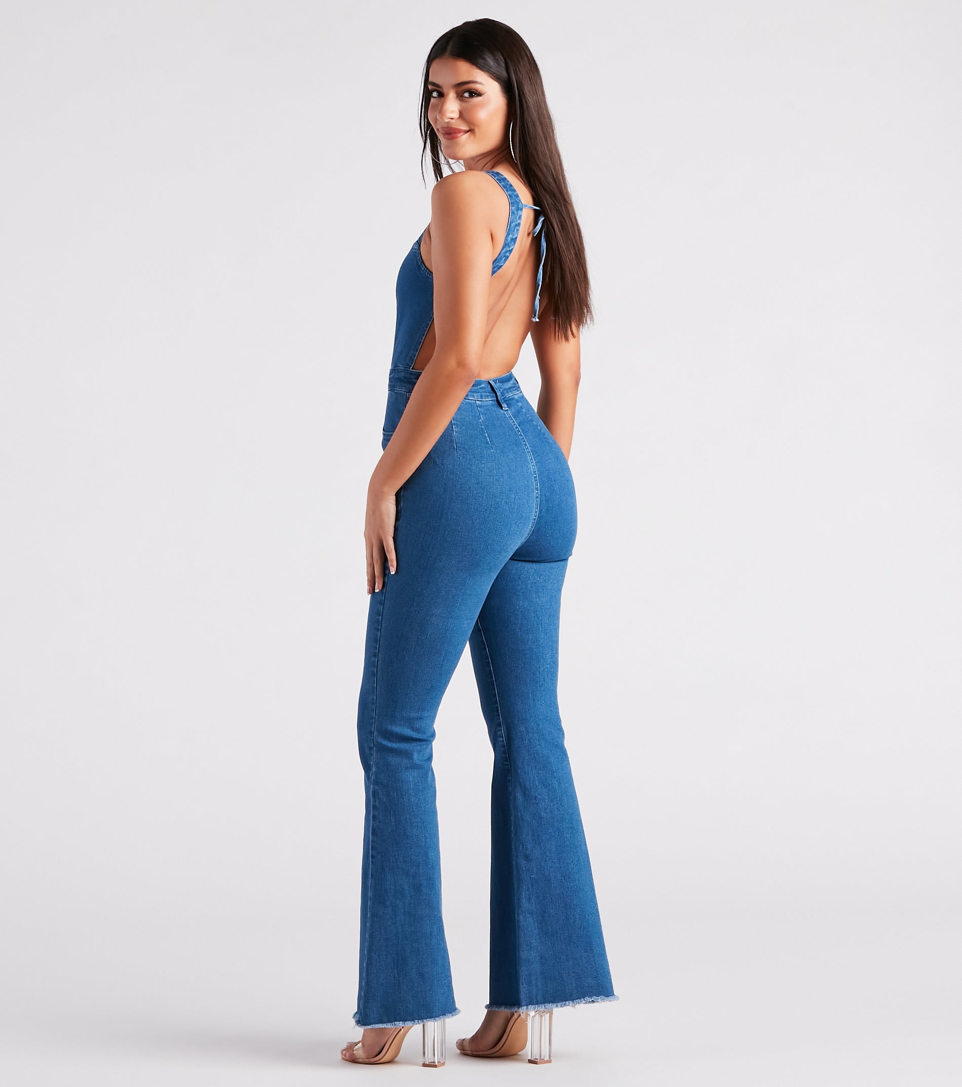 Made You Look Open Back Denim Jumpsuit - Image 2