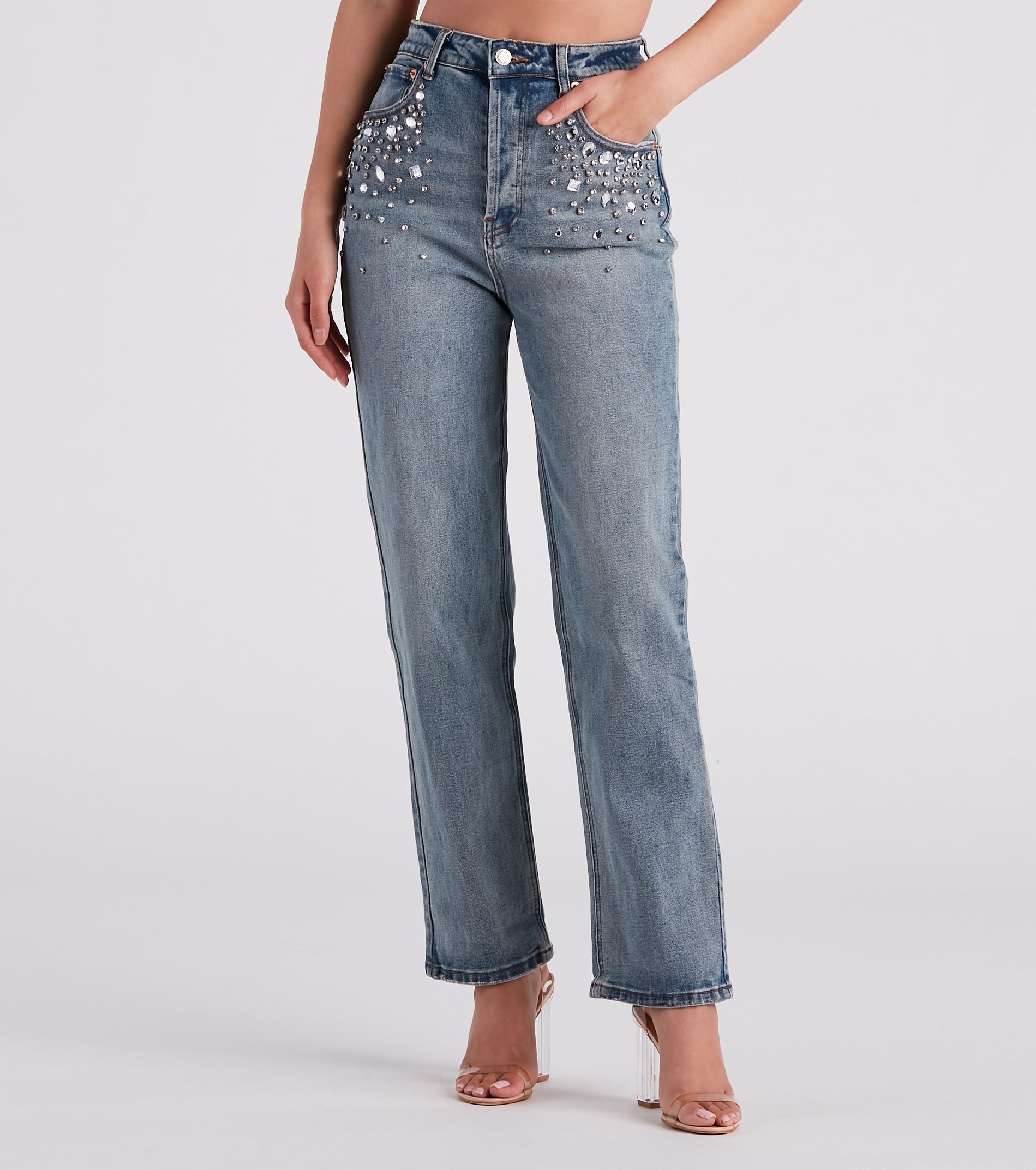 90s Glam Rhinestone Beaded Straight-Leg Jeans - Image 2