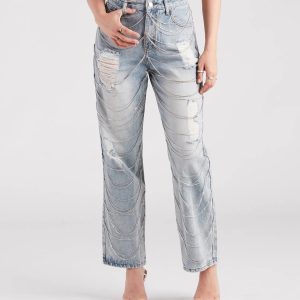 Glitzy Icon Rhinestone Draped Straight-Leg Jeans