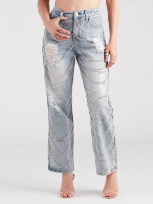 Glitzy Icon Rhinestone Draped Straight-Leg Jeans