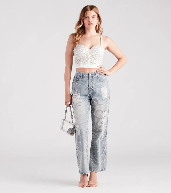 Glitzy Icon Rhinestone Draped Straight-Leg Jeans - Image 3